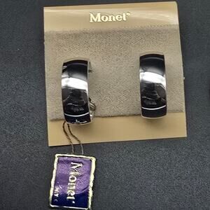 Monet Silver Tone Hoop Clip On Earrings Vintage Costume Jewelry On Card